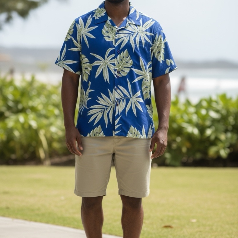 Rima Beachwear Tropical Blue Leaf Print Men's Shirt L